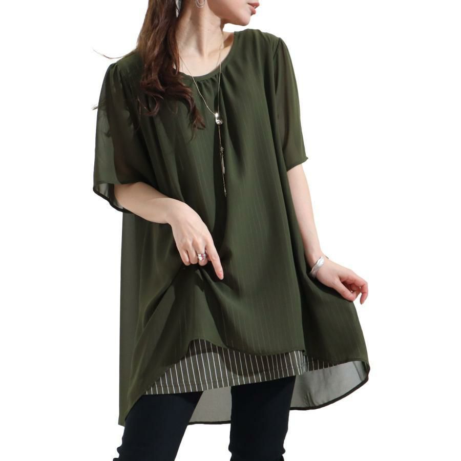 大きいサイズ レディース ストライプ柄シフォンフェイクチュニック　cast-5524023 カーキ