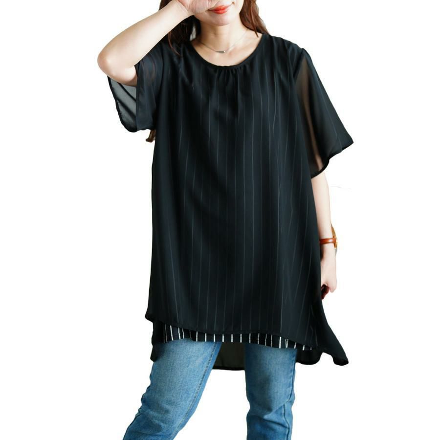 大きいサイズ レディース ストライプ柄シフォンフェイクチュニック　cast-5524023 ブラック