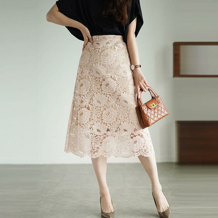 大きいサイズ レディース 総レーススカート　mncut-122171 【メール便可】 グレージュ