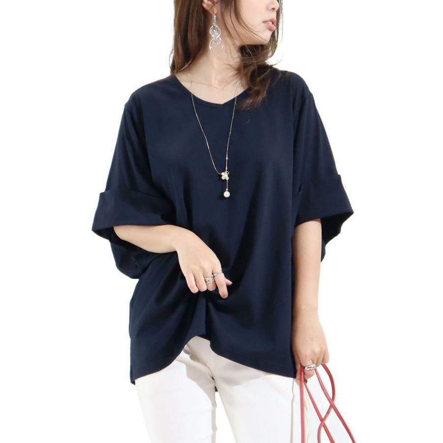 大きいサイズ レディース 接触冷感袖コンシャスカットソー　kt-22010 ネイビー