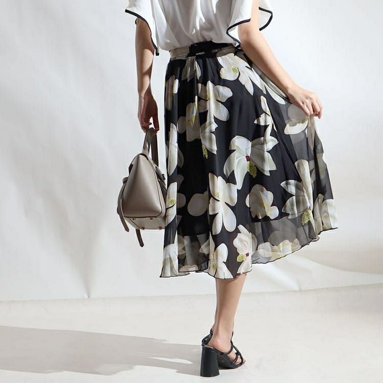 大きいサイズ レディース 花柄シフォンフレアスカート　goldy-964 【メール便可】