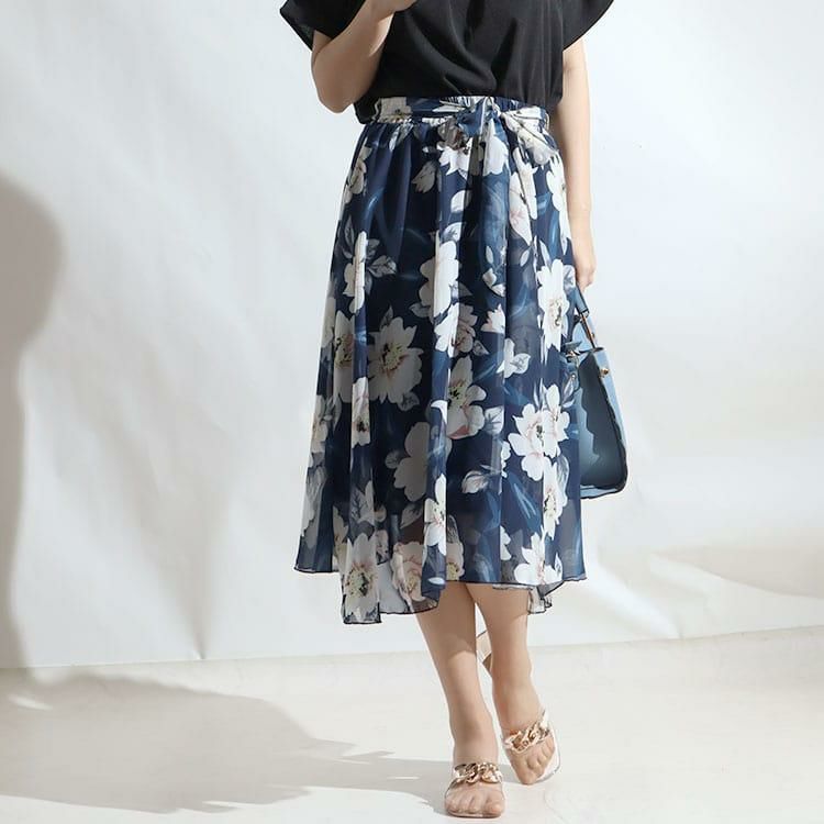 大きいサイズ レディース 花柄シフォンフレアスカート goldy-964