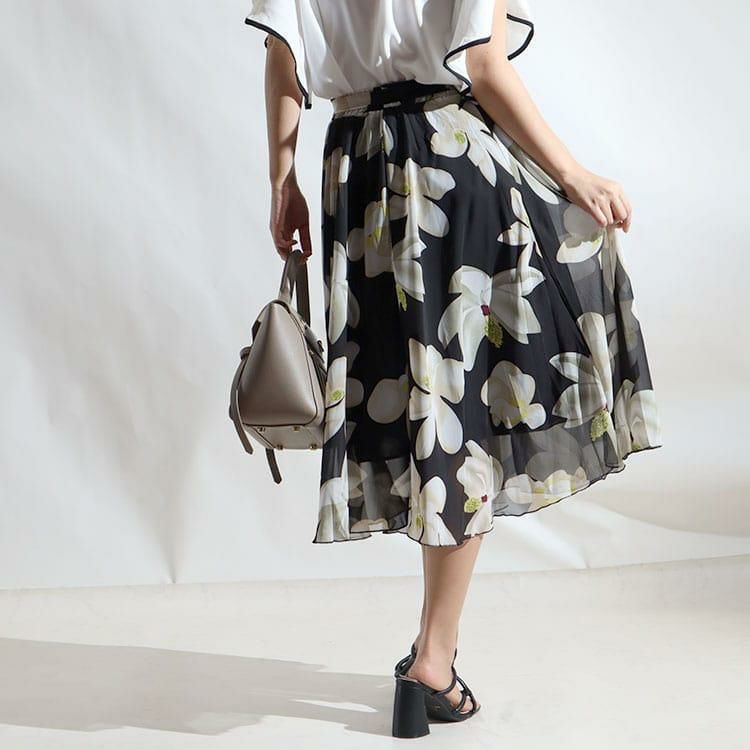 大きいサイズ レディース 花柄シフォンフレアスカート　goldy-964 【メール便可】 ブラック