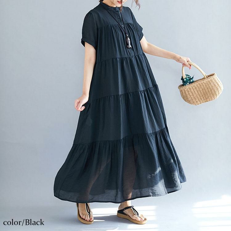 大きいサイズ レディース ティアードシャツワンピース　goldy-953 【メール便可】 ブラック