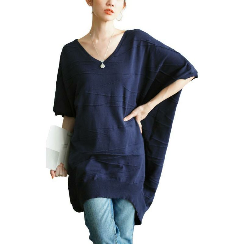 大きいサイズ レディース ドルマンスリーブコットンニット　gold882 ネイビー