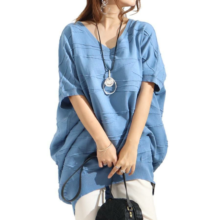 大きいサイズ レディース ドルマンスリーブコットンニット　gold882 ブルー