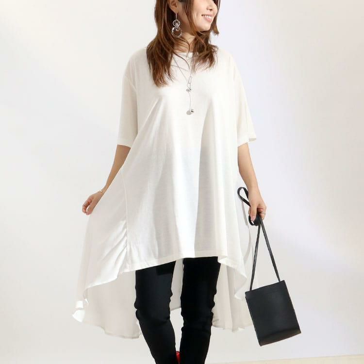 大きいサイズ レディース 異素材テールカットチュニック　mncut-122248 【メール便可】 ホワイト