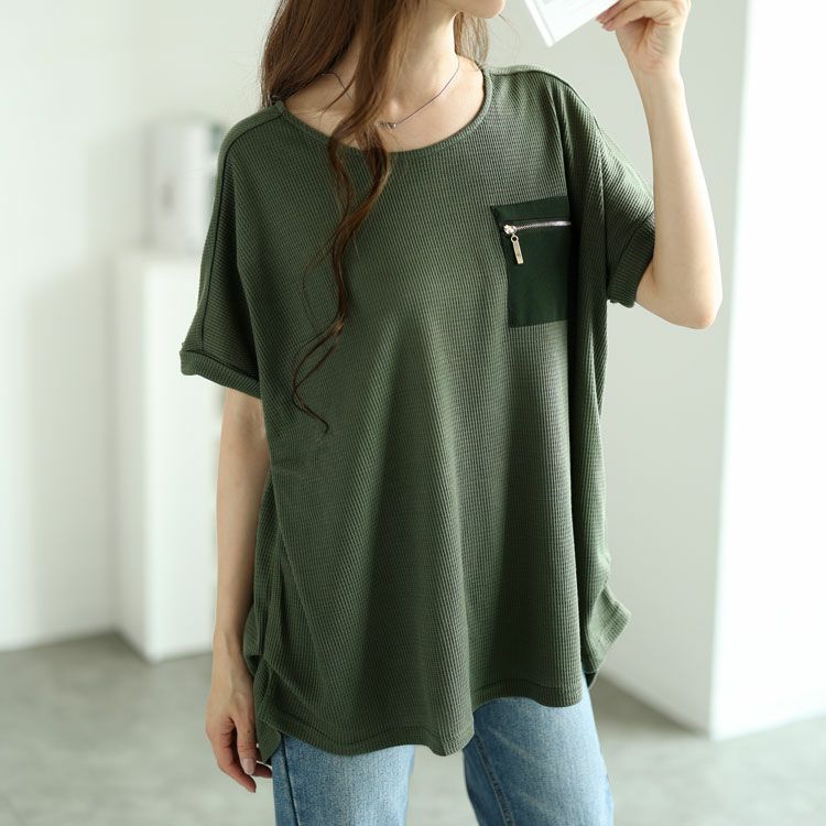 大きいサイズ レディース ZIPポケットワッフルカットソー　mncut-122246 【メール便可】