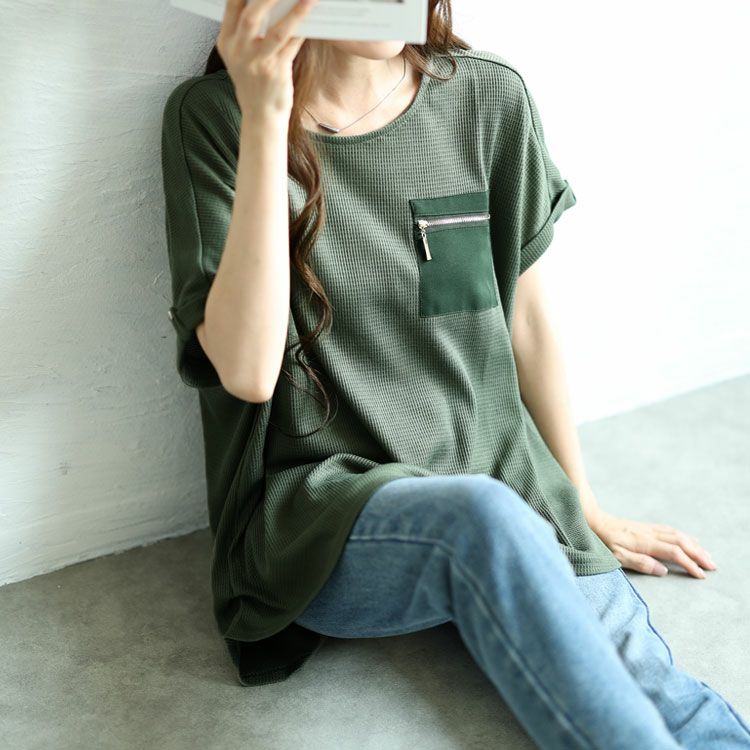 大きいサイズ レディース ZIPポケットワッフルカットソー　mncut-122246 【メール便可】
