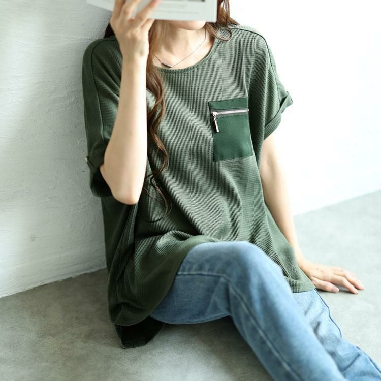大きいサイズ レディース ZIPポケットワッフルカットソー　mncut-122246 【メール便可】 カーキ