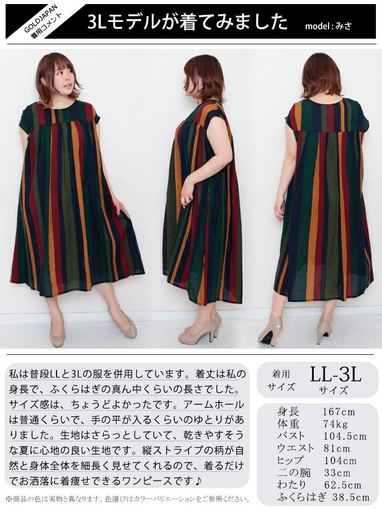 大きいサイズ レディース マルチストライプコットンワンピース　goldy-999 【メール便可】