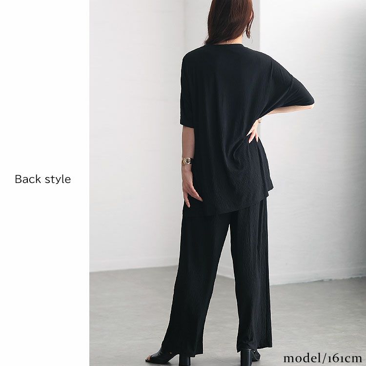 大きいサイズ レディース 楊柳ロングトップス＆ストレートパンツ