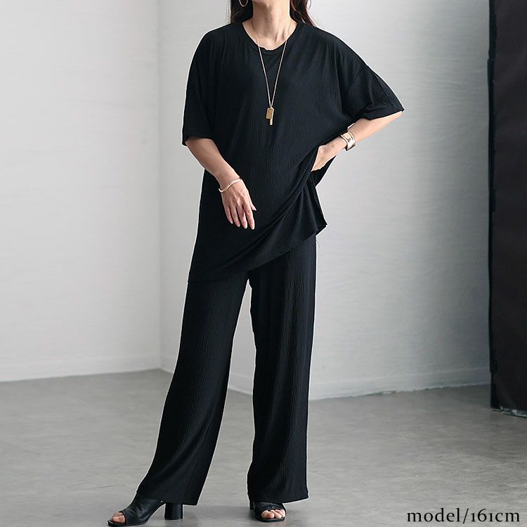 大きいサイズ レディース 楊柳ロングトップス＆ストレートパンツ