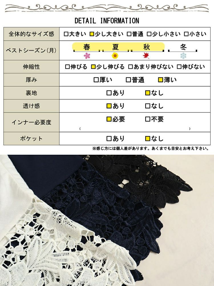 大きいサイズ レディース 袖モチーフレース裾タックカットソー　cast-5524057 【メール便可】