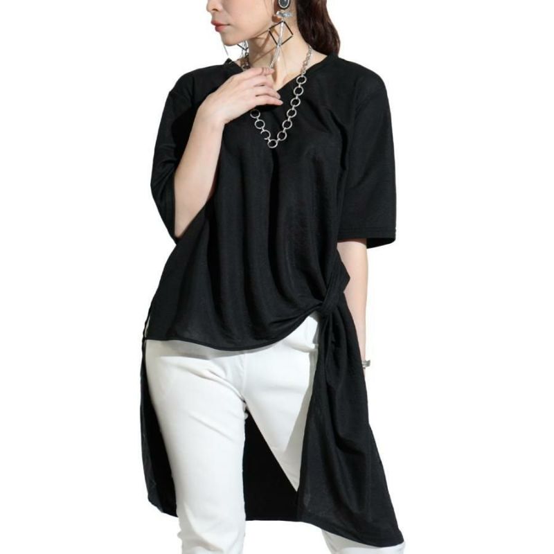 大きいサイズ レディース 異素材切替えアシメプルオーバー　sw-0455 【ゆうパケット可】 ブラック