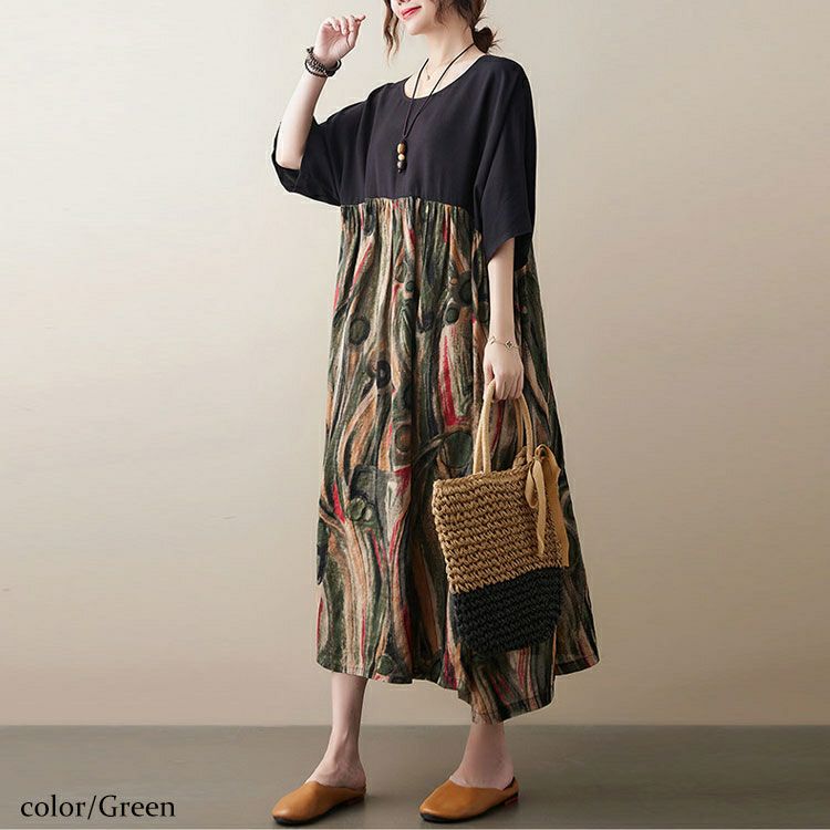 大きいサイズ レディース 異素材ドッキングコットンワンピース　goldy-1046 【メール便可】