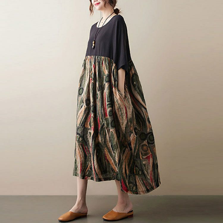 大きいサイズ レディース 異素材ドッキングコットンワンピース　goldy-1046 【メール便可】