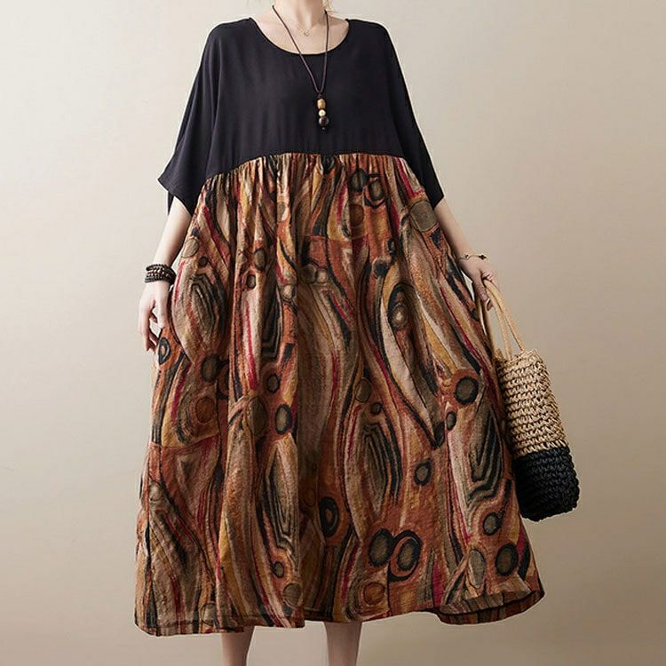 大きいサイズ レディース 異素材ドッキングコットンワンピース　goldy-1046 【メール便可】