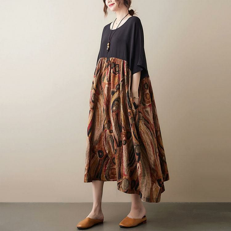 大きいサイズ レディース 異素材ドッキングコットンワンピース　goldy-1046 【メール便可】 ブラウン