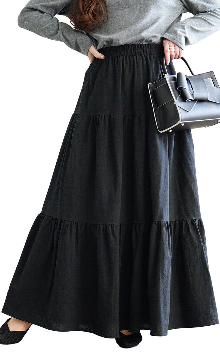 大きいサイズ レディース コットンティアードスカート　goldy-1071 ブラック