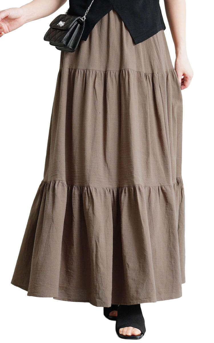 大きいサイズ レディース コットンティアードスカート　goldy-1071 ブラウン