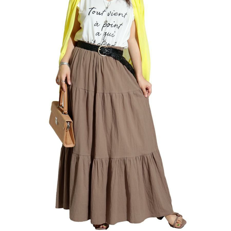 大きいサイズ レディース コットンティアードスカート　goldy-1071 ブラウン