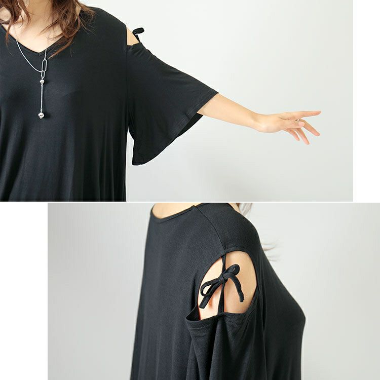 大きいサイズ レディース オープンショルダーリボンチュニックTシャツ　gold919 【メール便可】