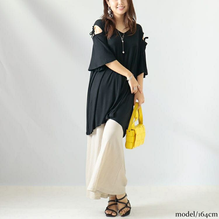大きいサイズ レディース オープンショルダーリボンチュニックTシャツ　gold919 【メール便可】