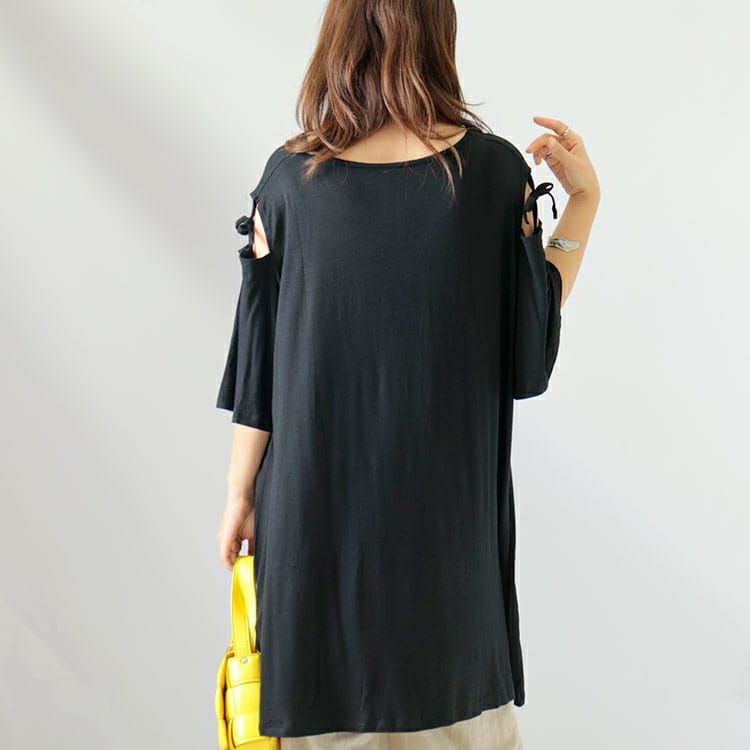 大きいサイズ レディース オープンショルダーリボンチュニックTシャツ　gold919 【メール便可】