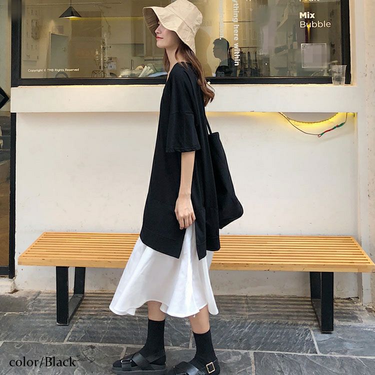 大きいサイズ レディース 異素材ドッキングワンピース　goldy-1086