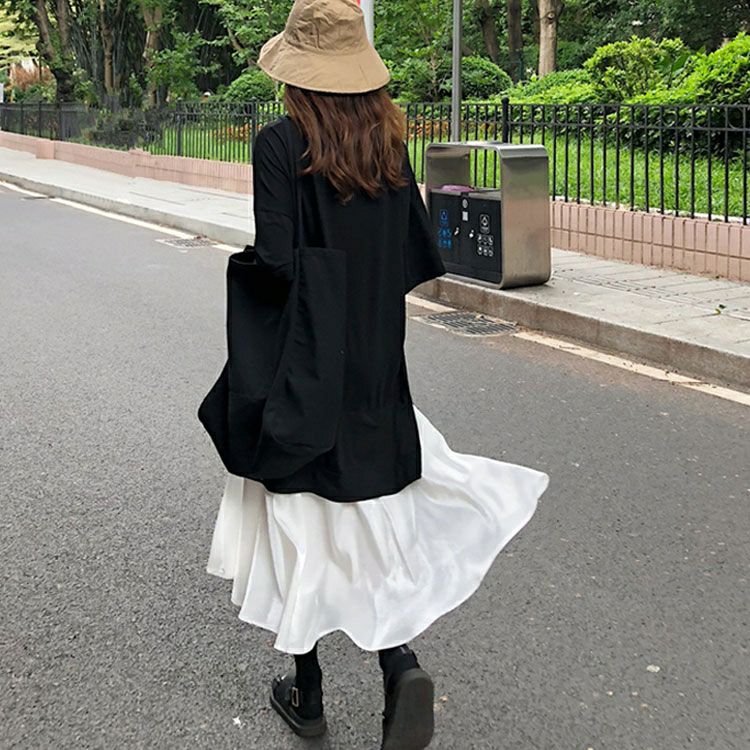 大きいサイズ レディース 異素材ドッキングワンピース　goldy-1086