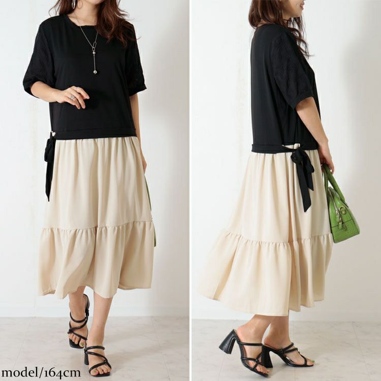 大きいサイズ レディース 異素材ドッキングワンピース　goldy-1085