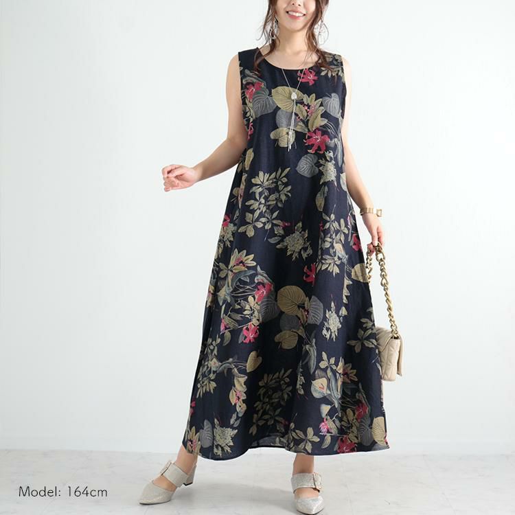 大きいサイズ レディース リゾートフラワーコットンワンピース　goldy-1047 【メール便可】 ネイビー