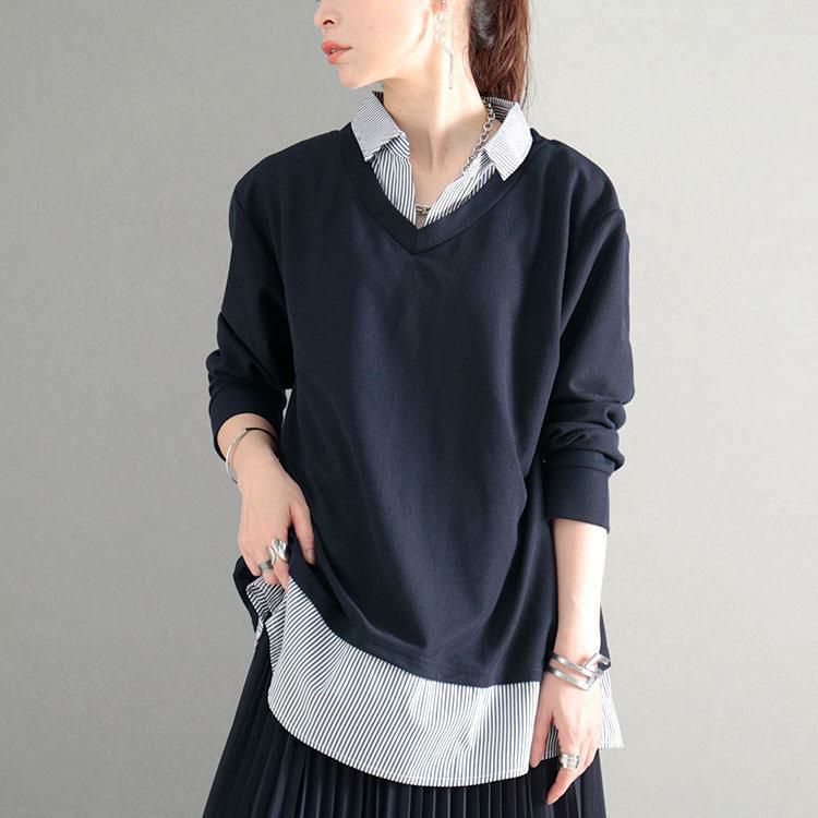 大きいサイズ レディース フェイクシャツワッフルプルオーバー　cast-5526006 【メール便可】 ネイビー