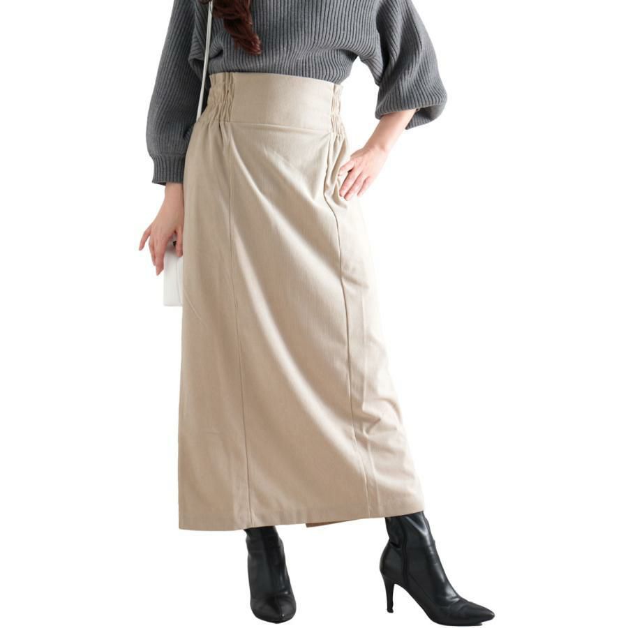 大きいサイズ レディース コーデュロイハイウエストナロースカート　maru-6602 ライトベージュ