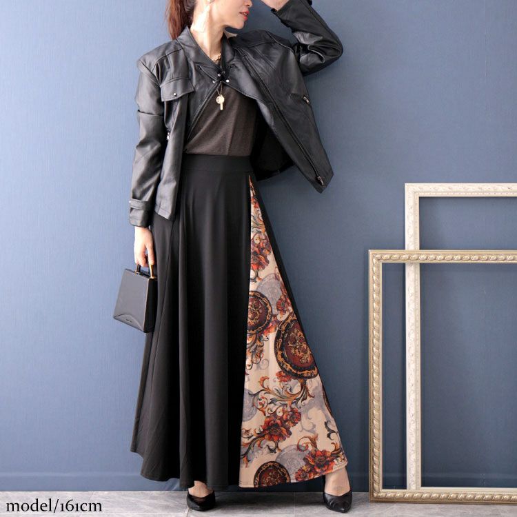 大きいサイズ レディース アンティーク柄切替えロングスカート　nw-22024