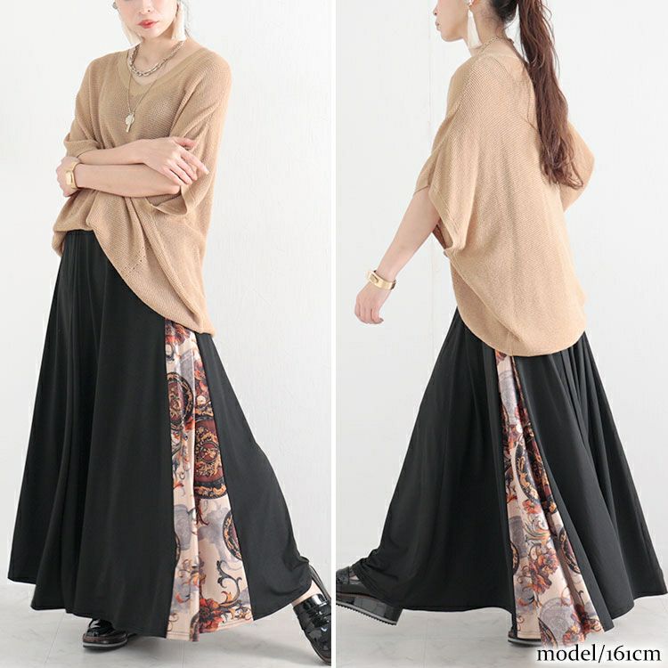 大きいサイズ レディース アンティーク柄切替えロングスカート　nw-22024