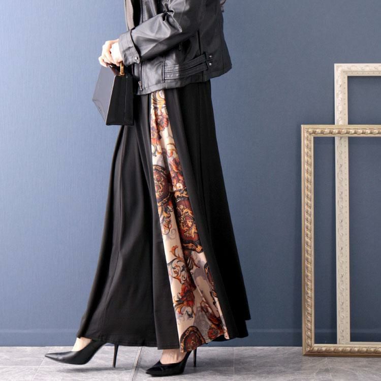 大きいサイズ レディース アンティーク柄切替えロングスカート　nw-22024 ブラック