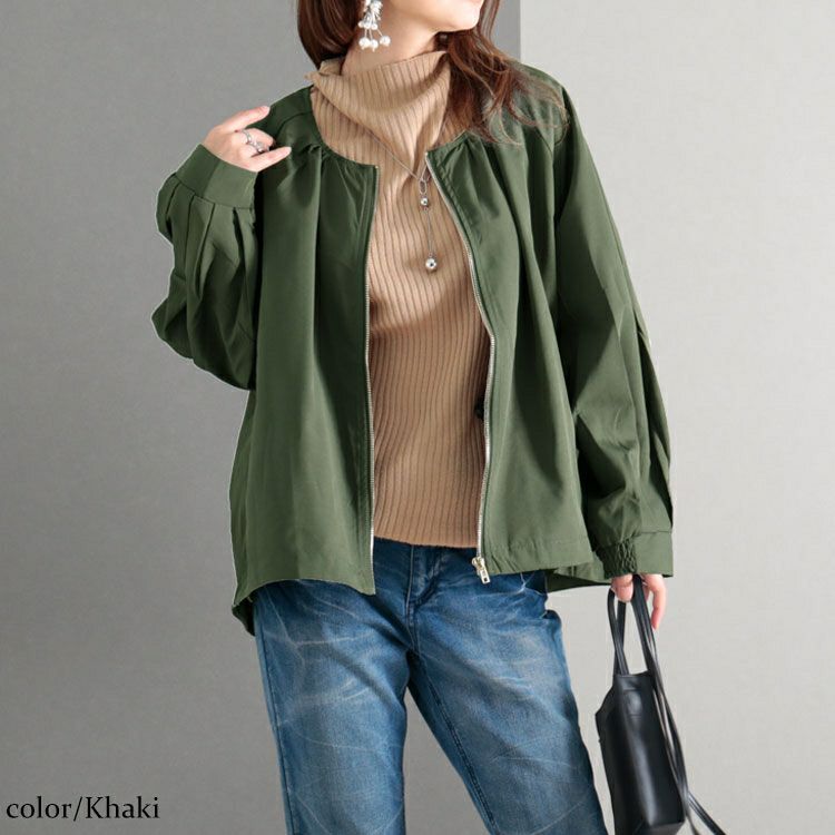 大きいサイズ レディース タックボリュームスリーブZIPブルゾン　maru-6616 【メール便可】