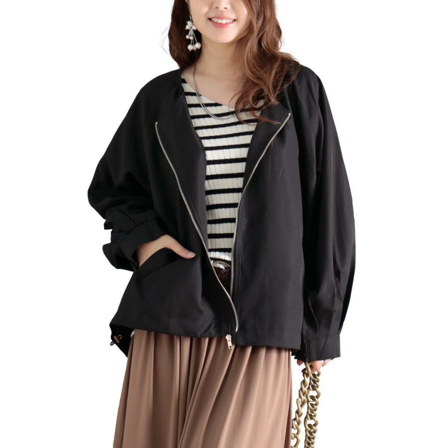 大きいサイズ レディース タックボリュームスリーブZIPブルゾン　maru-6616 【メール便可】 ブラック