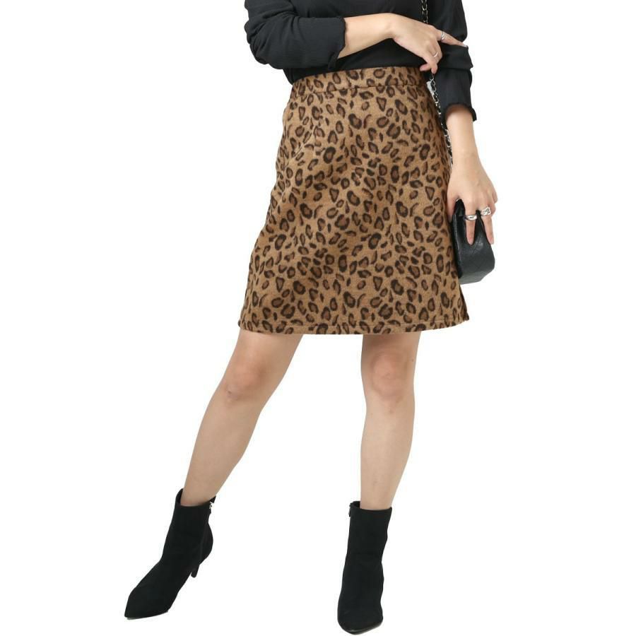 大きいサイズ レディース 表起毛レオパード柄ミニタイトスカート fem