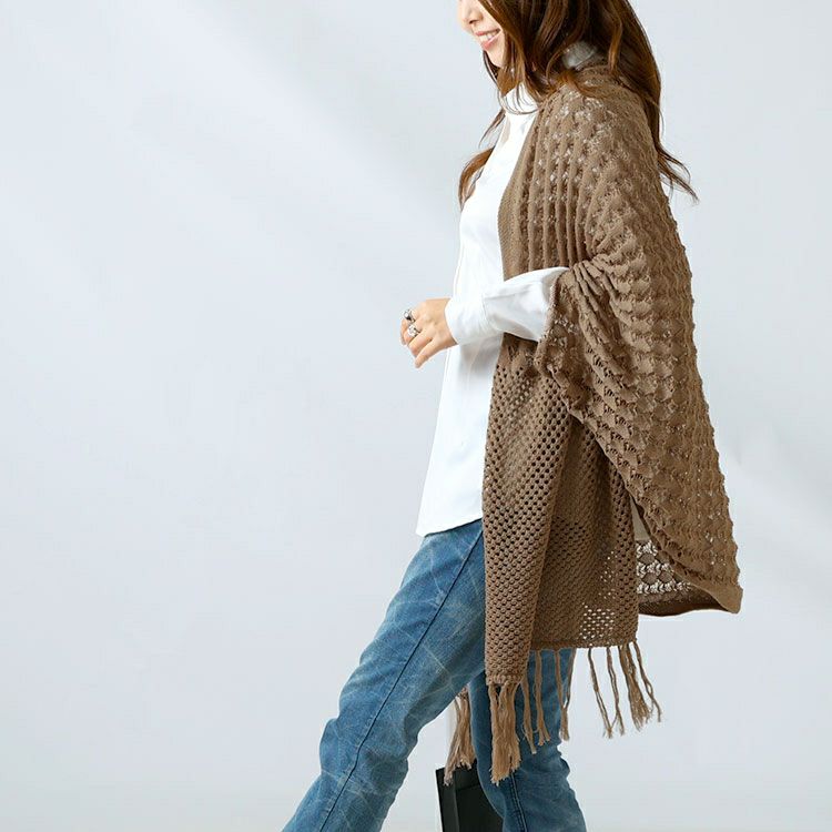 大きいサイズ レディース 透かし編みフリンジニットカーディガン　gold907 【メール便可】