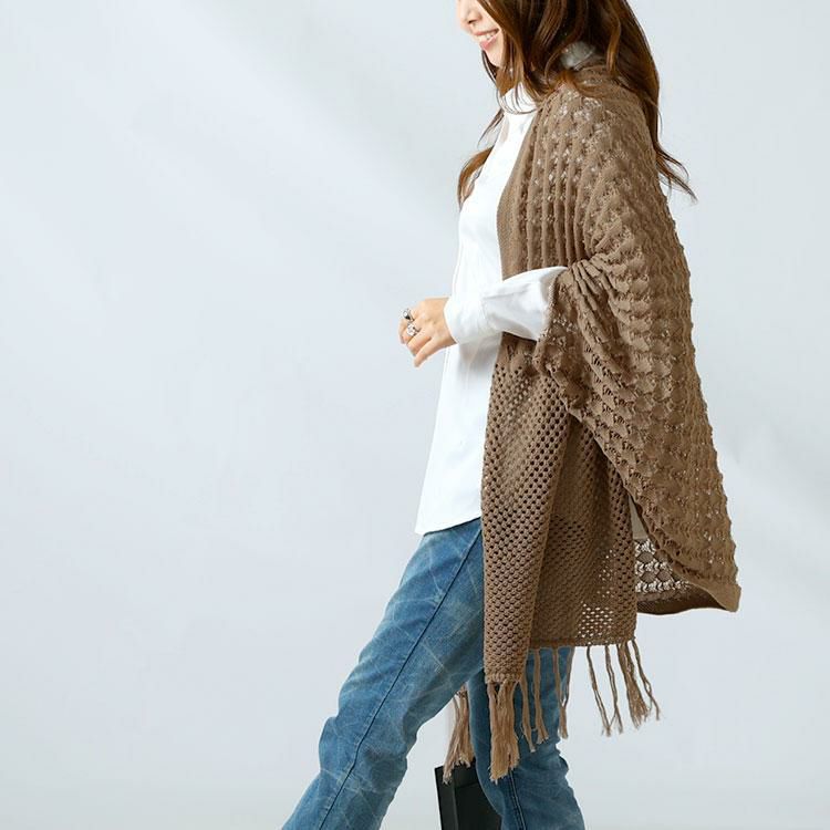 大きいサイズ レディース 透かし編みフリンジニットカーディガン　gold907 【メール便可】 モカ