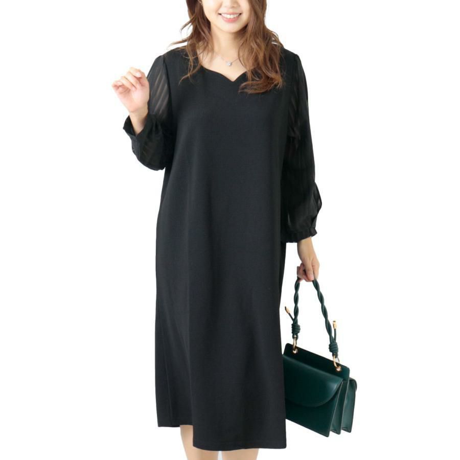 大きいサイズ レディース ハートネックシフォン袖ワンピース　mncut-122419 ブラック