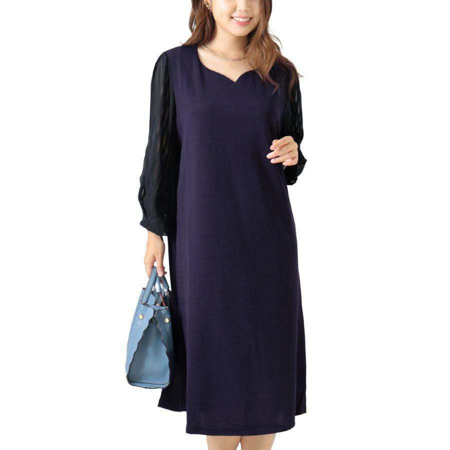 大きいサイズ レディース ハートネックシフォン袖ワンピース　mncut-122419 ネイビー