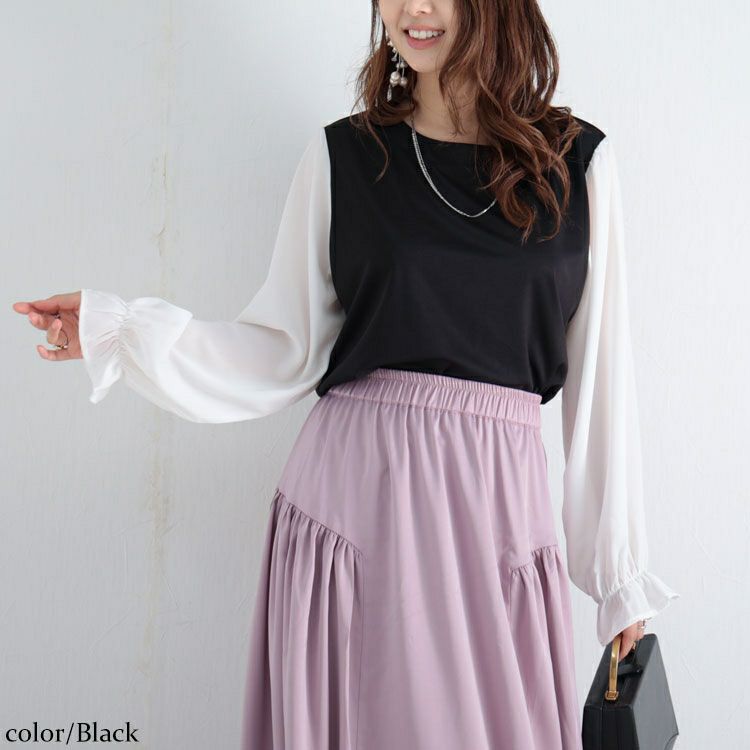 大きいサイズ レディース フェイクレイヤード異素材ブラウス　fem-309