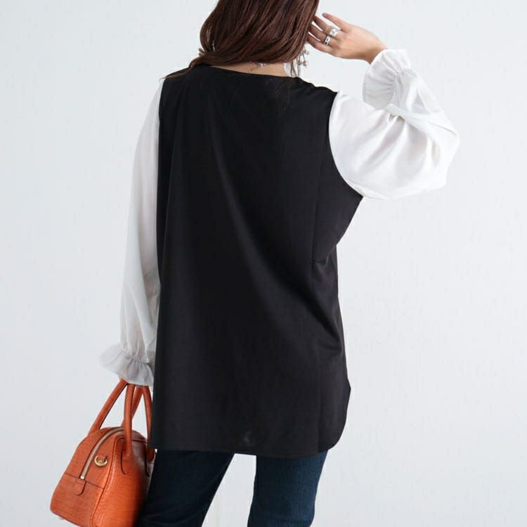 大きいサイズ レディース フェイクレイヤード異素材ブラウス　fem-309