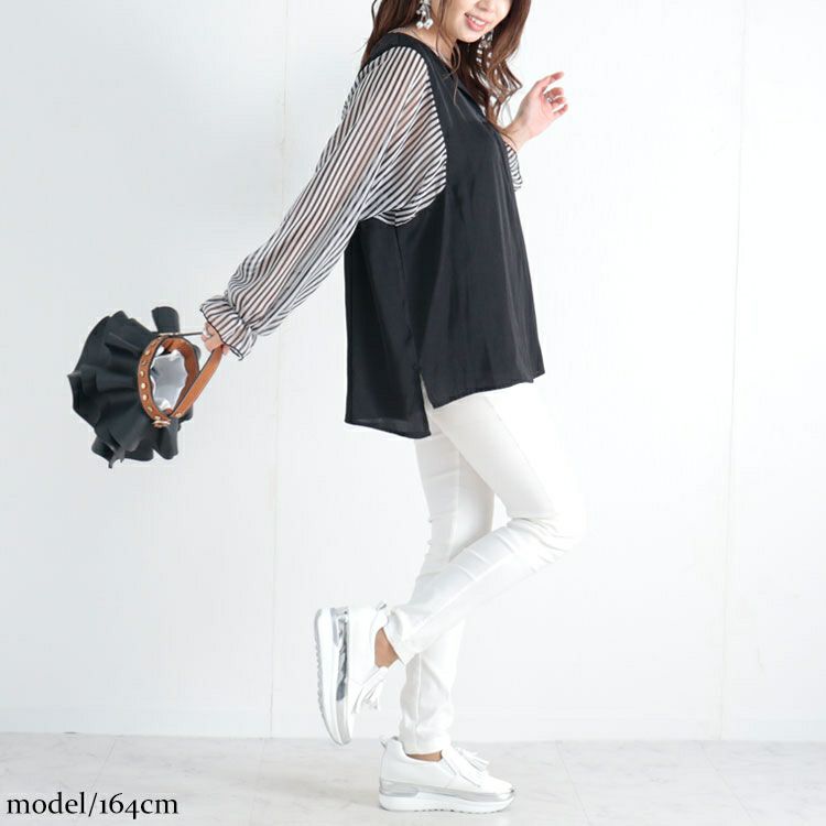 大きいサイズ レディース ストライプ袖スキッパーブラウス　fem-307