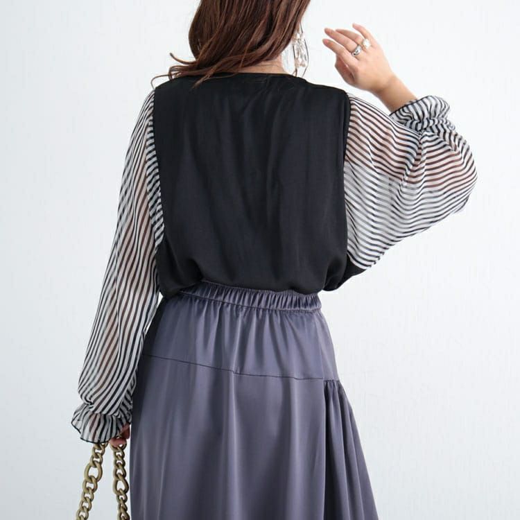 大きいサイズ レディース ストライプ袖スキッパーブラウス　fem-307