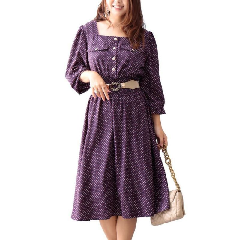 大きいサイズ レディース スクエアネックワンピース　fem-280 ネイビー